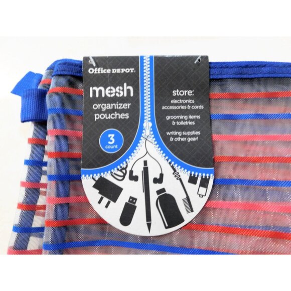 4 Pack Mesh Organizer Pouches Zippers Red White Blue Striped Office Depot - Picture 3 of 4